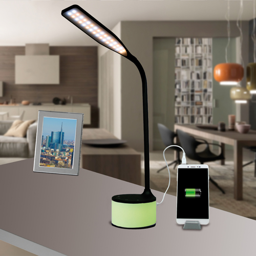 Lampada LED nera con charger USB e luci datmosfera