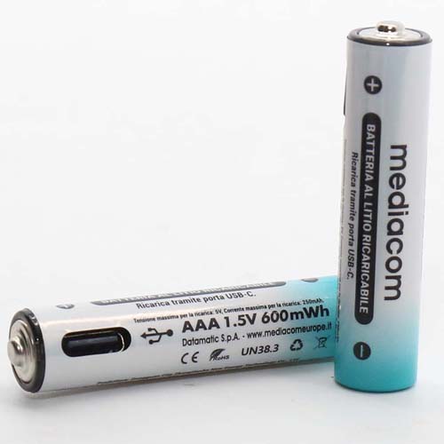 2 Batterie Ricaricabili AAA 1.5v 600 mWh USB Type-C